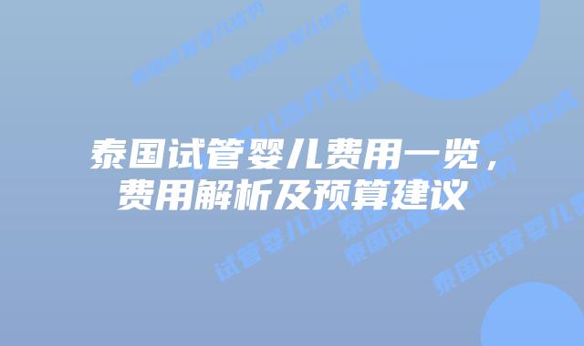 泰国试管婴儿费用一览，费用解析及预算建议
