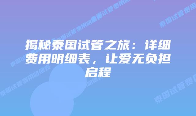 揭秘泰国试管之旅:详细费用明细表,让爱无负担启程