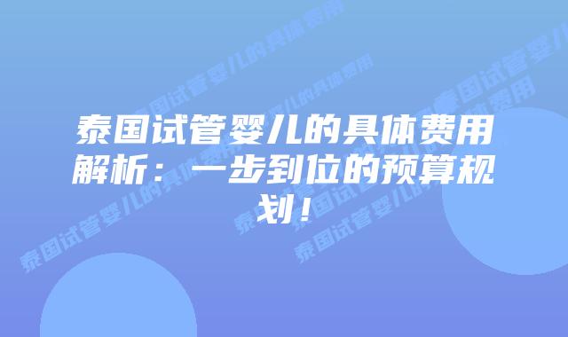泰国试管婴儿的具体费用解析:一步到位的预算规划!