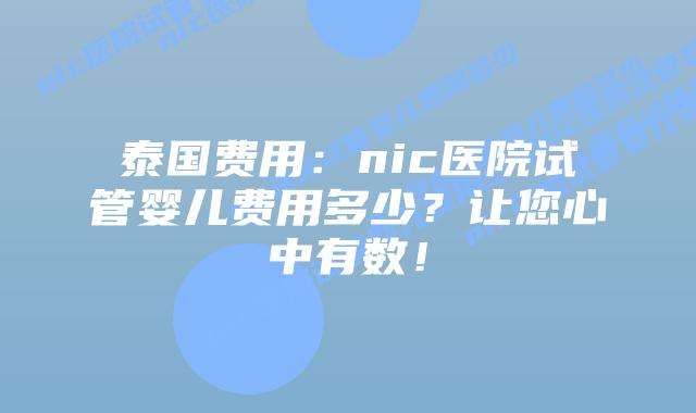 泰国费用:nic医院试管婴儿费用多少?让您心中有数!
