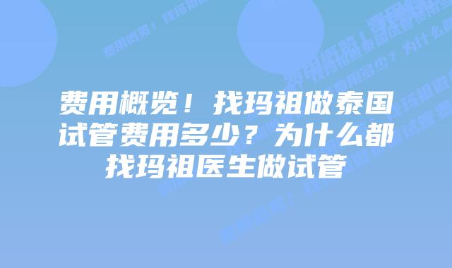 费用概览！找玛祖做泰国试管费用多少？为什么都找玛祖医生做试管