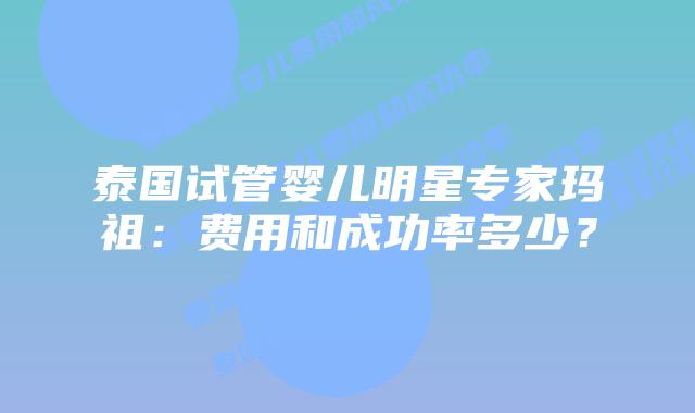 泰国试管婴儿明星专家玛祖:费用和成功率多少?