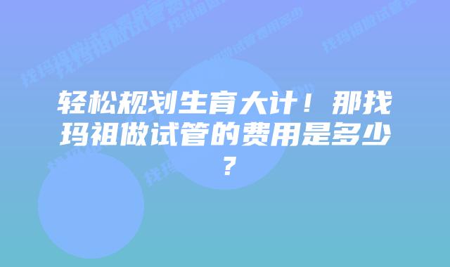轻松规划生育大计！那找玛祖做试管的费用是多少？