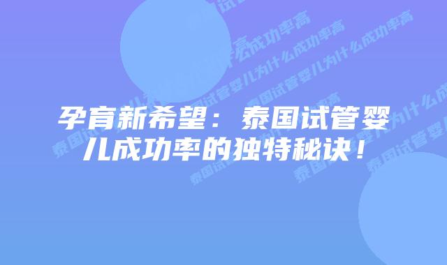 孕育新希望:泰国试管婴儿成功率的独特秘诀!