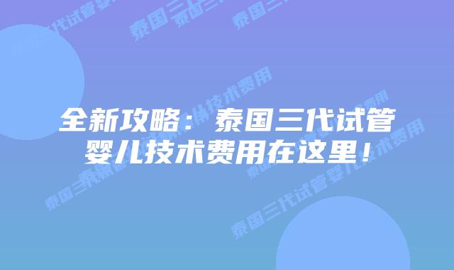 全新攻略:泰国三代试管婴儿技术费用在这里!